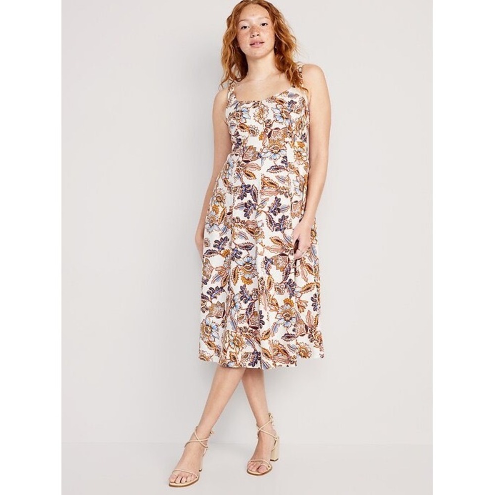 Old Navy Floral Linen-Blend Smocked Back Midi Dress Summer Cottagecore‎ Large
